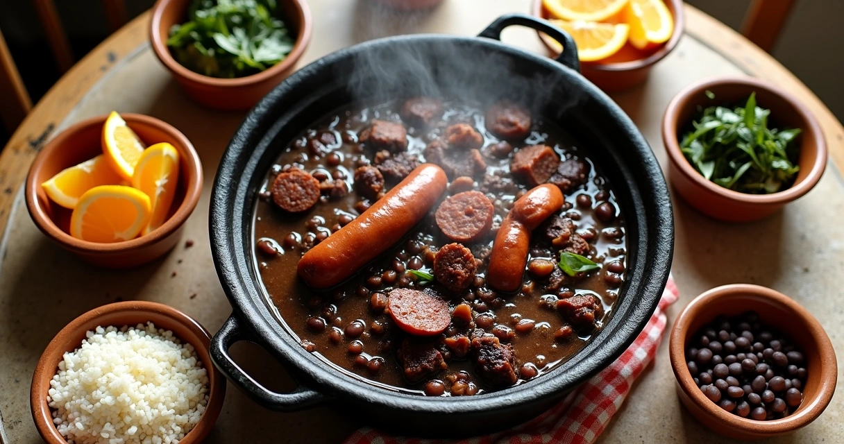Panela de feijoada completa no centro de mesa com acompanhamentos brasileiros 