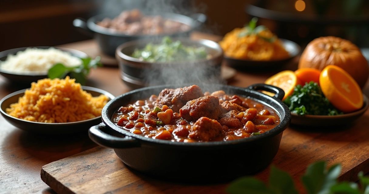 Panelas de feijoada com acompanhamentos 