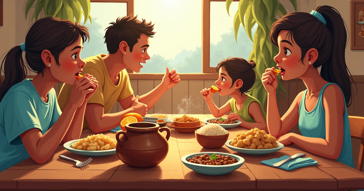 Família apreciando feijoada em restaurante carioca 