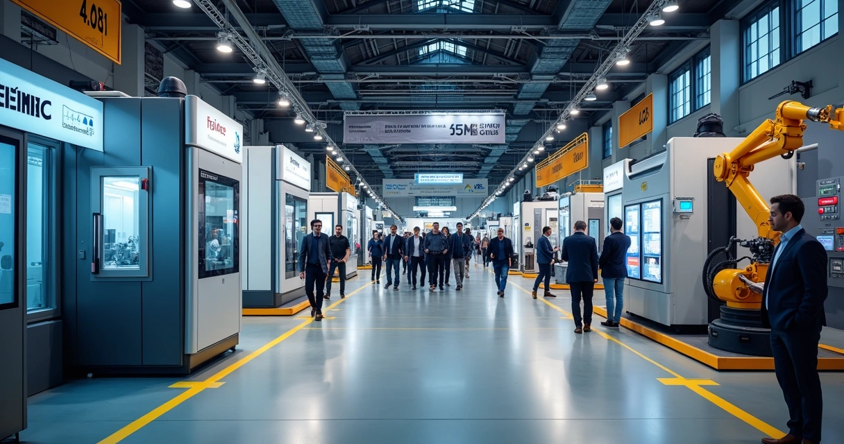 Pavilhão da feira industrial com robôs colaborativos e painéis digitais 