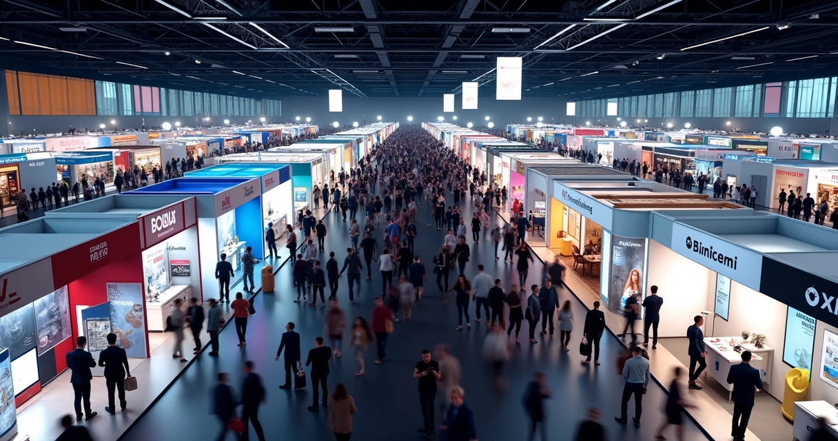 Estandes de franquias na ABF Franchising Expo em São Paulo, pessoas circulando 