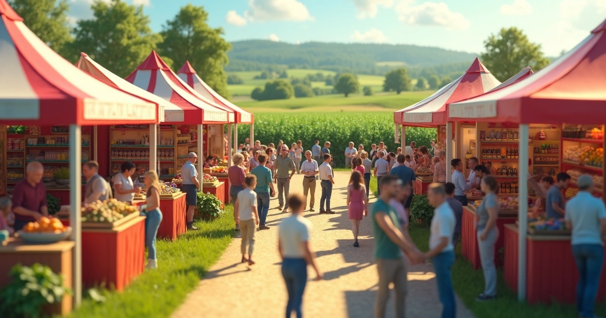 Estande em feira agrícola com representantes firmando parceria  