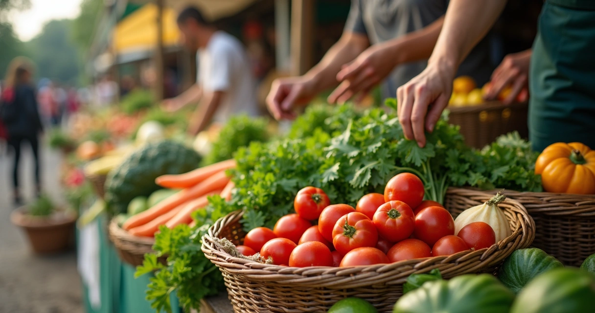 Cesta com vegetais frescos em feira ao ar livre