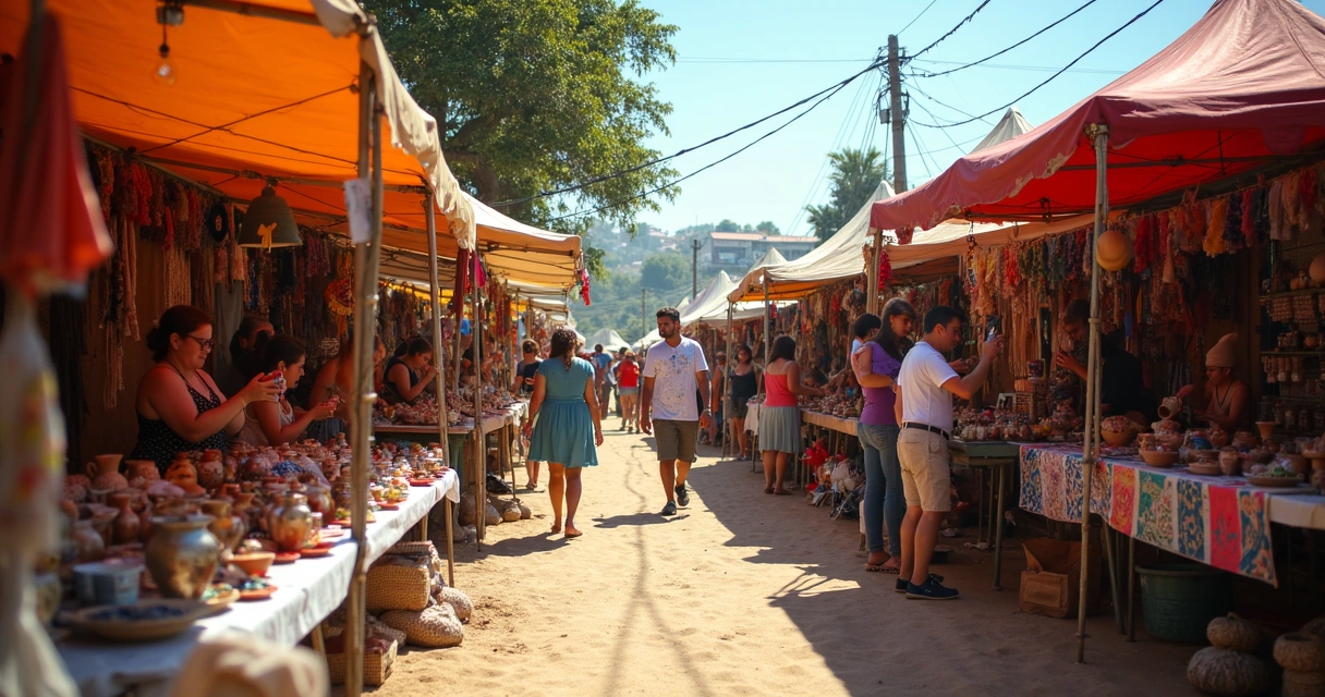 Feira de artesanato brasileira com barracas coloridas e público caminhando 