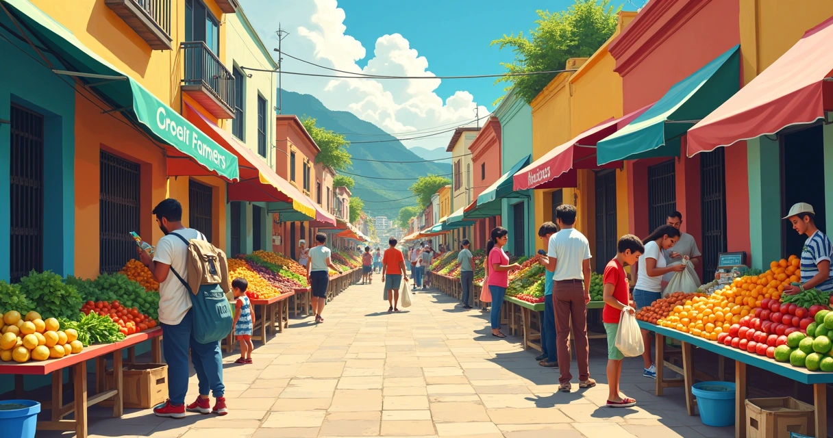 Feira de bairro no Rio com barracas de frutas e legumes 
