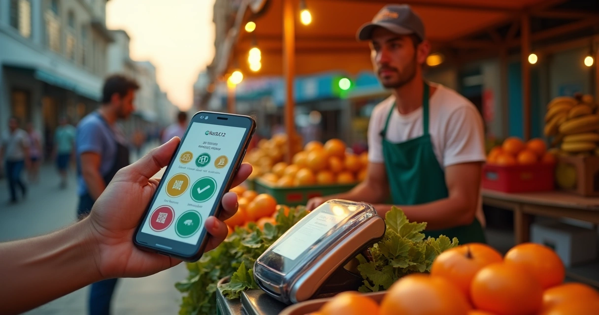 Vendedor de feira recebe pagamento via moeda digital local em terminal aberto sobre o balcão 