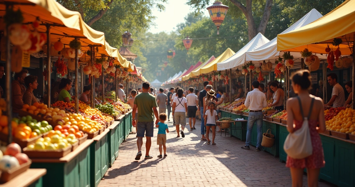 Feira brasileira em Orlando com bancas de frutas e pessoas conversando 