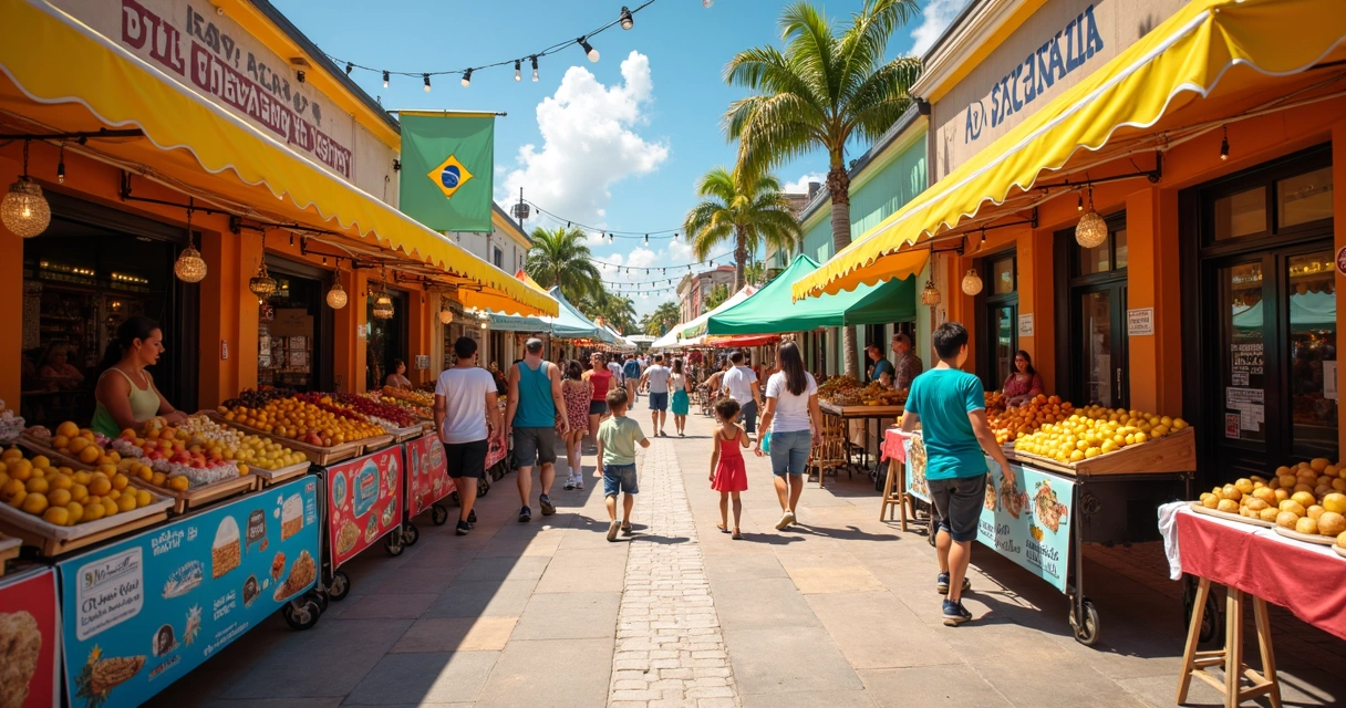 Bancas de feira com quitutes brasileiros e pessoas conversando em Orlando 