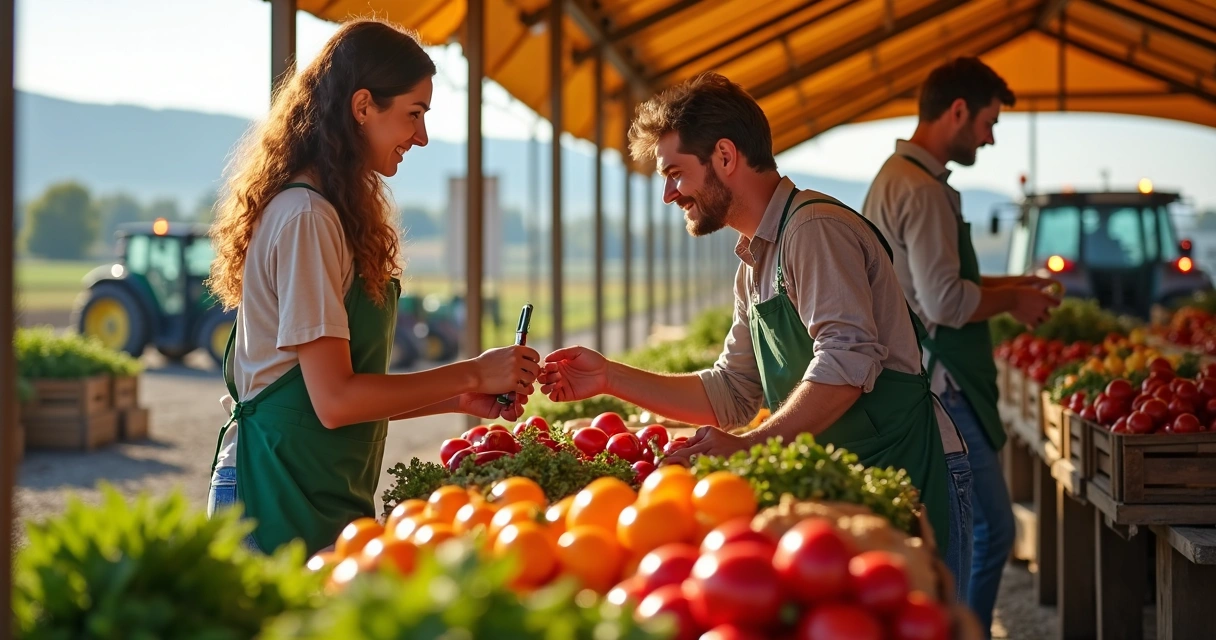 Bancas organizadas de cooperados com produtos frescos em feira rural