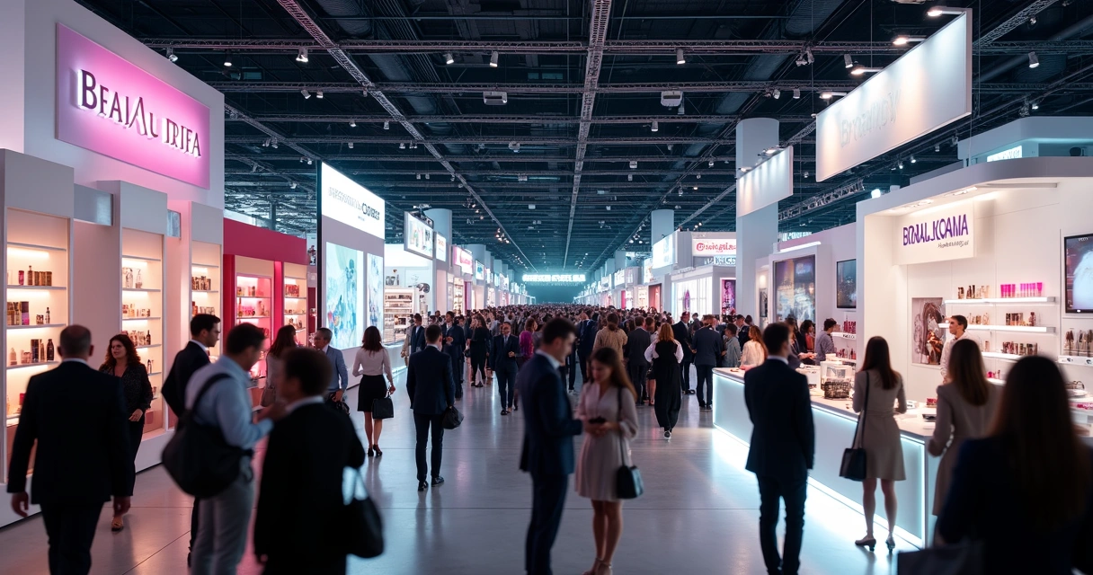 Stands de empresas brasileiras em feira internacional de cosméticos, expositores e compradores internacionais interagindo 