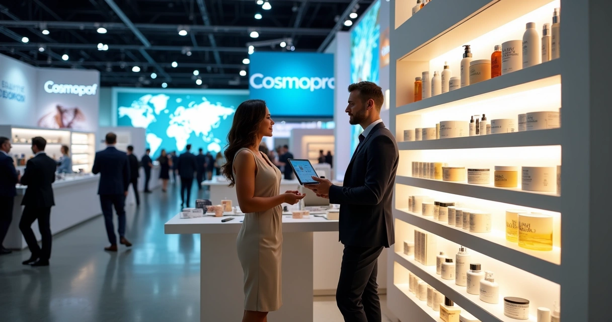 Estande de cosméticos em feira internacional com negociação entre empresários 