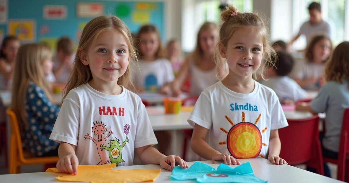 Grupo de crianças com camisetas personalizadas em exposição pedagógica na escola.