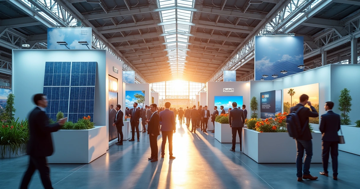 Exposição de tecnologia solar em feira, estandes e painéis solares no Expo Center Norte, São Paulo 