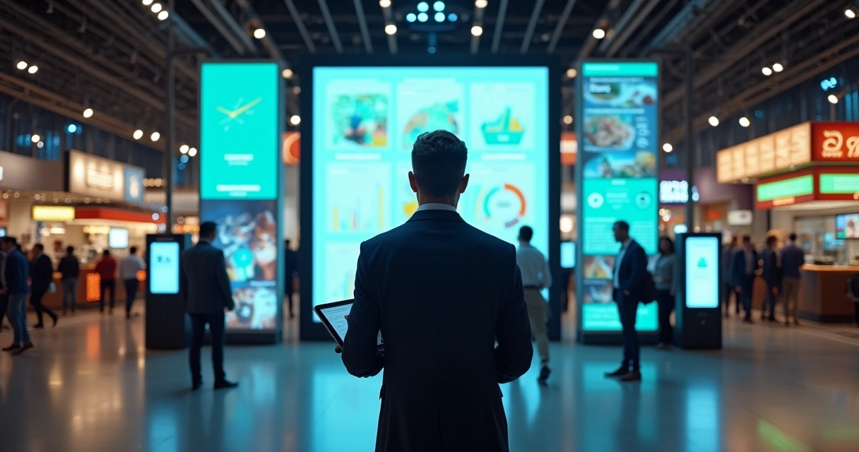 Gestor observando telões com dados de food service em feira de tecnologia 