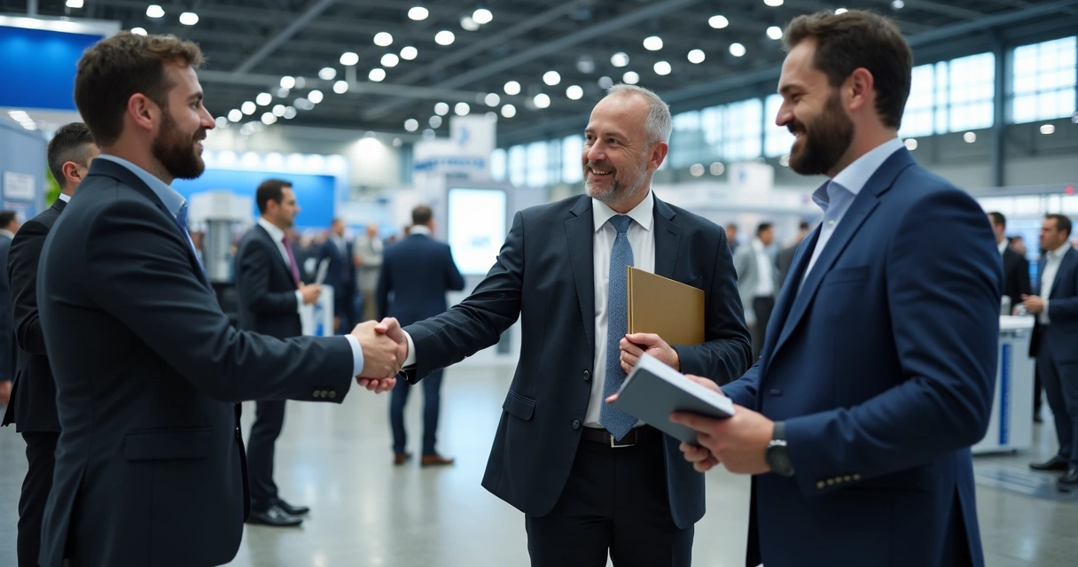 Profissionais trocando cartões em evento de indústria 