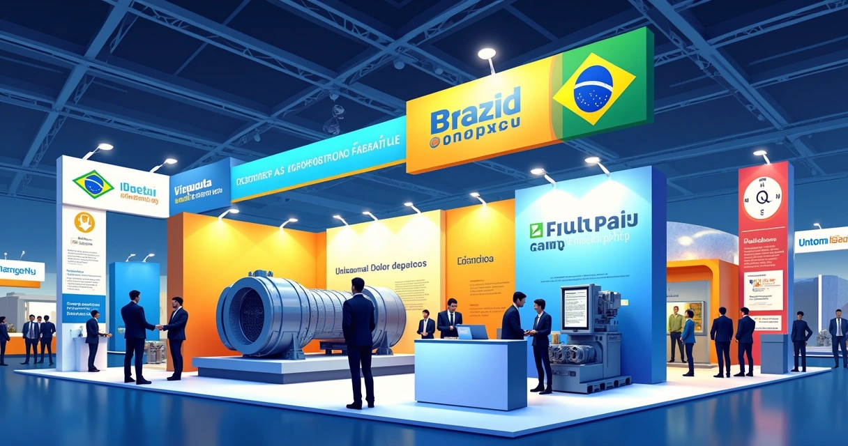 Estande brasileiro em feira internacional com maquinário exportado 