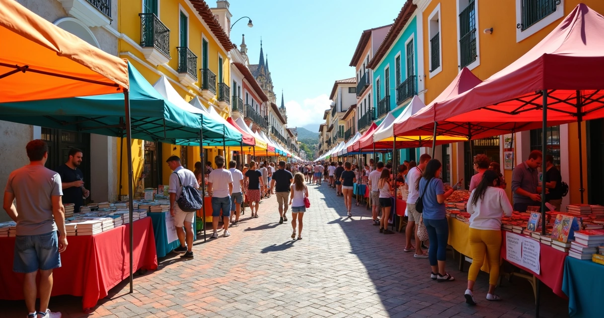 Barracas de livros e pessoas caminhando em feira ao ar livre no centro histórico de Ilhéus