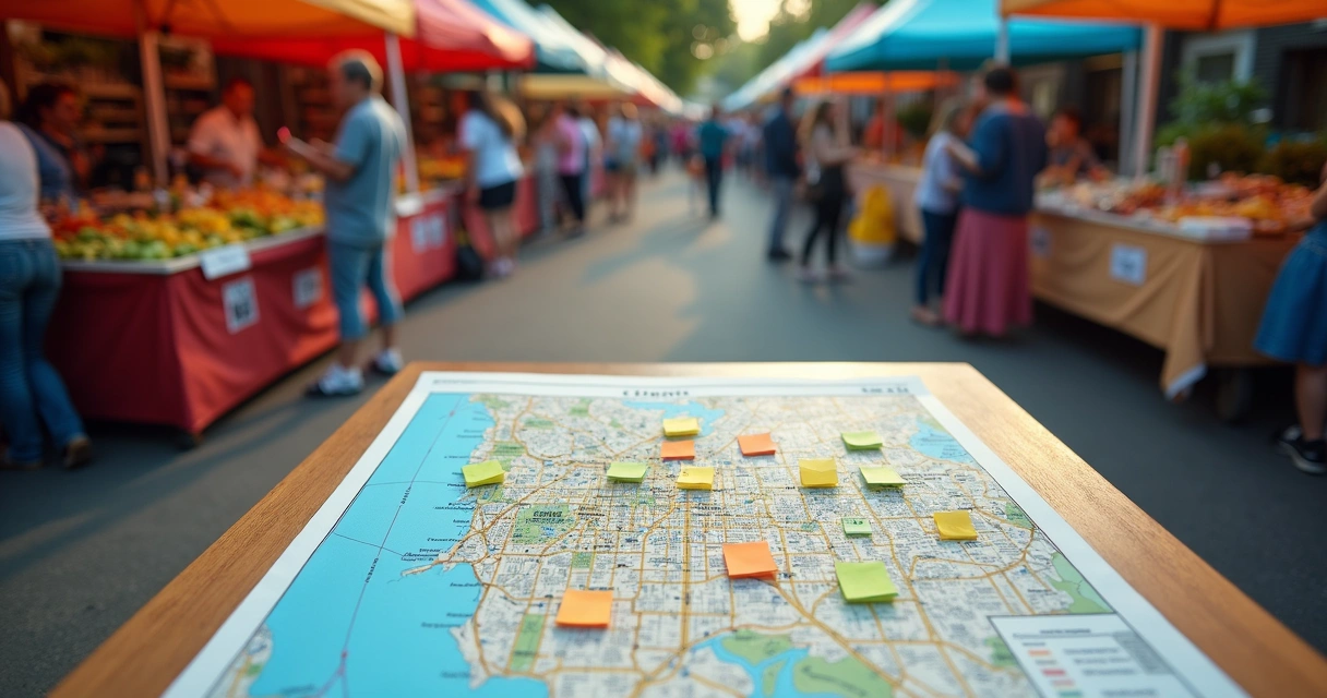 Feira regional com mapa mostrando origem dos clientes 