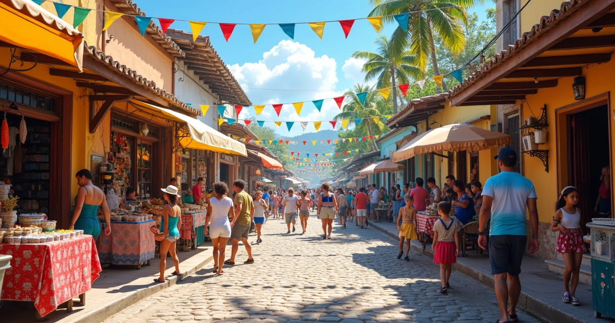 Feira comunitária em pequena cidade com barracas coloridas