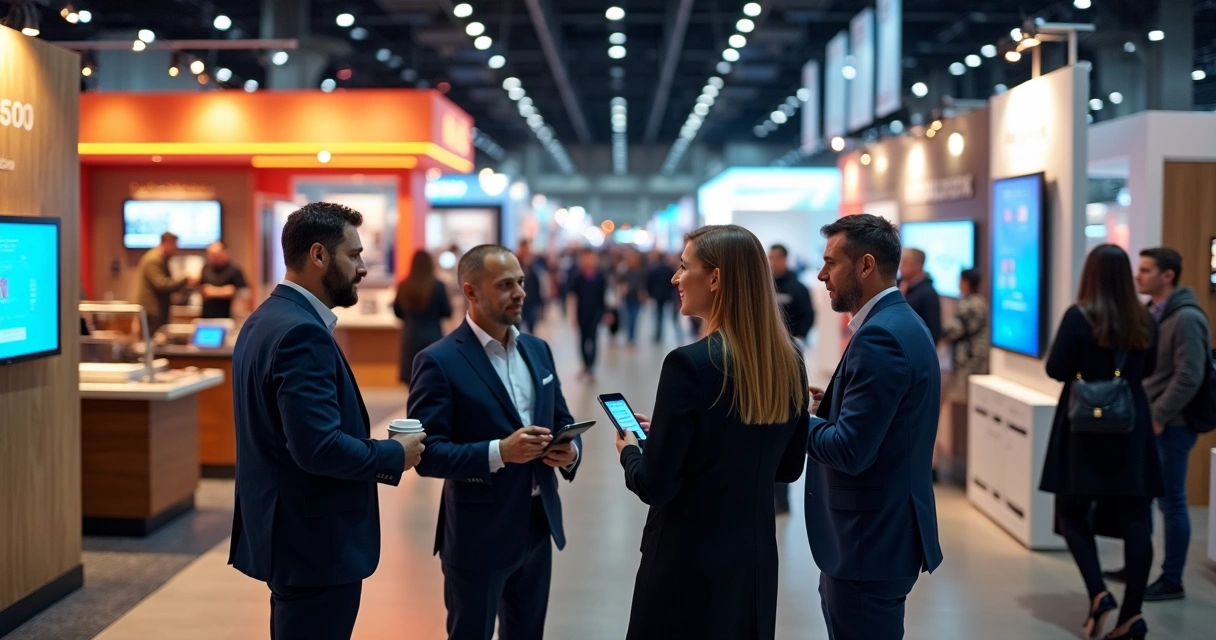 Empresários de foodservice em feira de restaurantes fazendo networking 