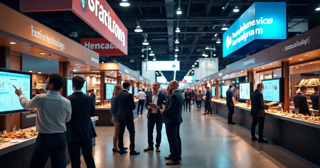 Gestores de foodservice em feira de restaurantes observando tecnologia e fazendo networking 