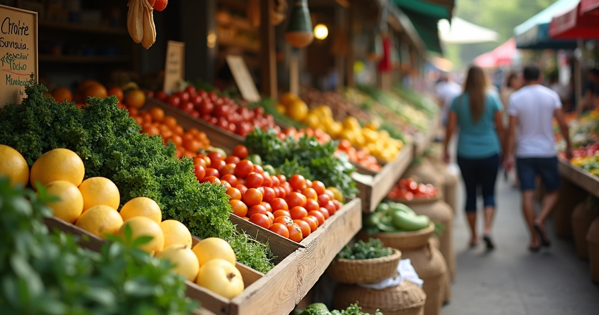 Bancas de feira com frutas e hortaliças sazonais organizadas por cor 
