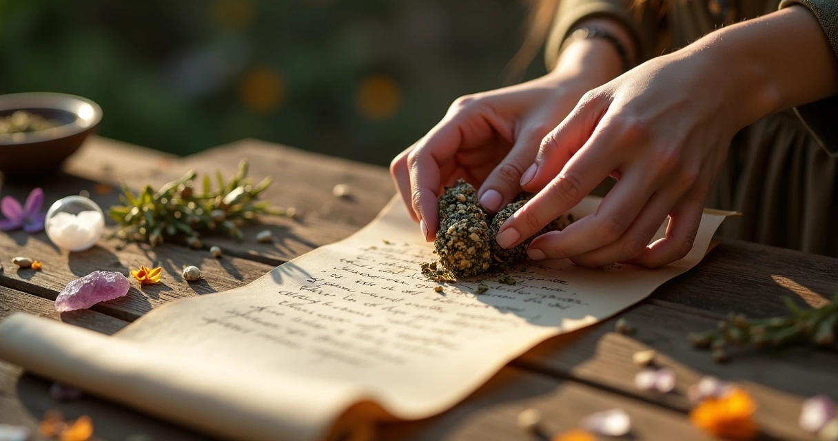 Mãos femininas segurando ervas secas e um amuleto mágico 