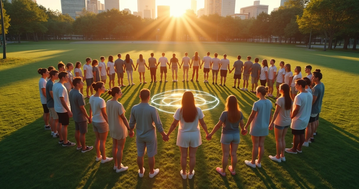 Grupo diverso de pessoas de mãos dadas em círculo visto de cima 