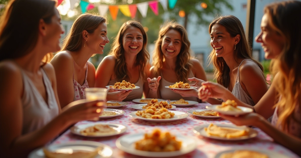 Convidados sorrindo e confraternizando enquanto degustam crepes em evento. 