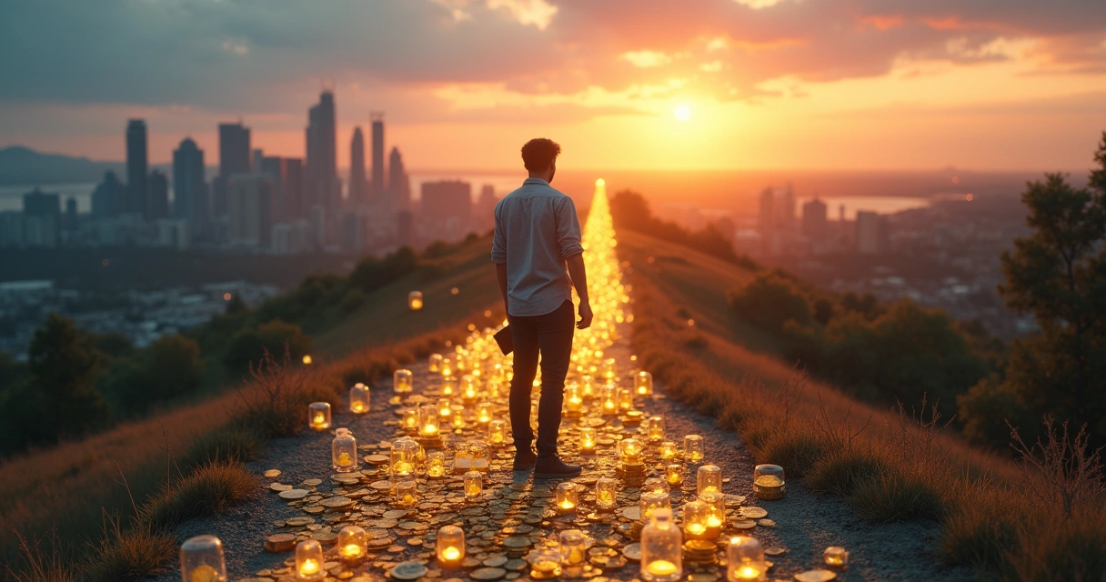 Pessoa em encruzilhada escolhendo entre tempo e dinheiro em paisagem iluminada pelo nascer do sol 