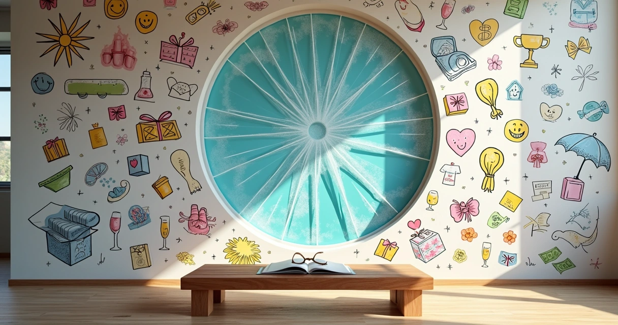 Mural de ícones sobre felicidade com vidro rachado no centro 