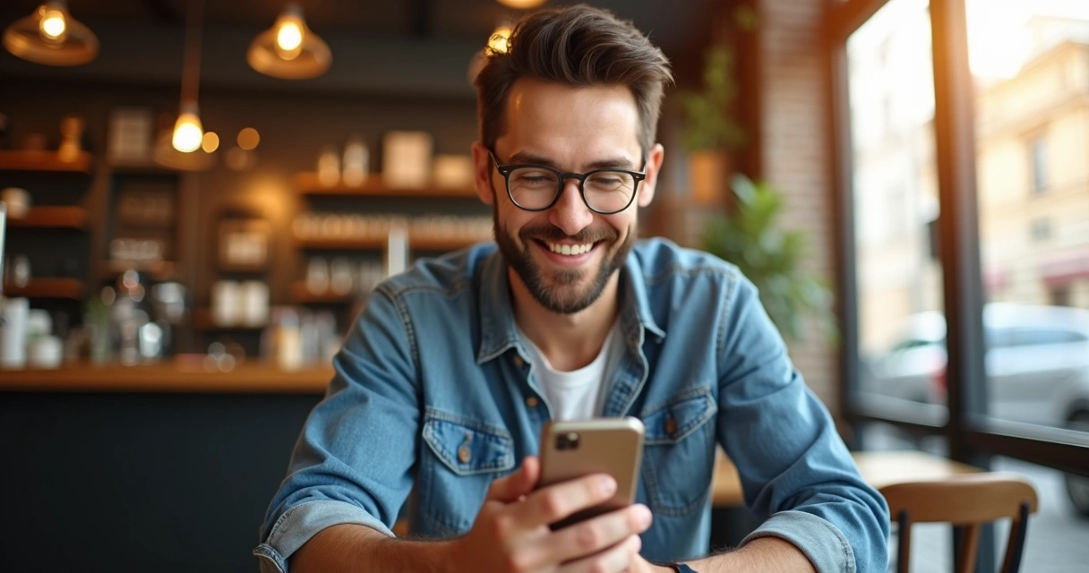 Cliente sorrindo ao enviar feedback positivo em app de pesquisa 
