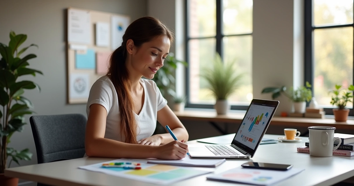 Woman entrepreneur working on branding strategy at desk with laptop and design sketches 