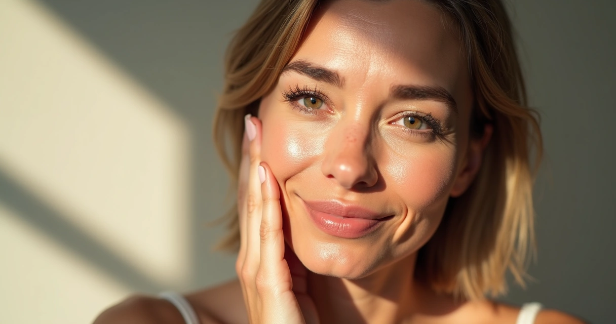 Woman touching her face showing different skin texture on each side 