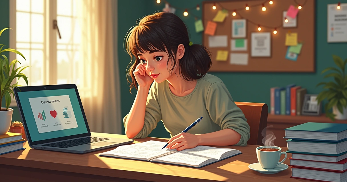 Une femme réfléchissant à ses notes à une table en bois, entourée de livres et de lumière naturelle.