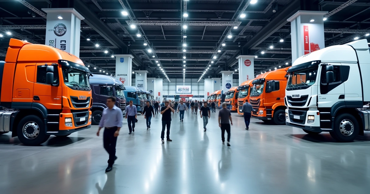 Pavilhão de feira com caminhões expostos e visitantes 