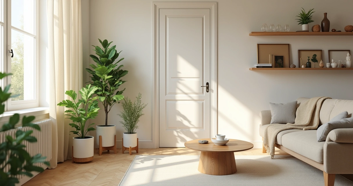 Sala de estar com plantas, móveis claros e cristais decorativos 