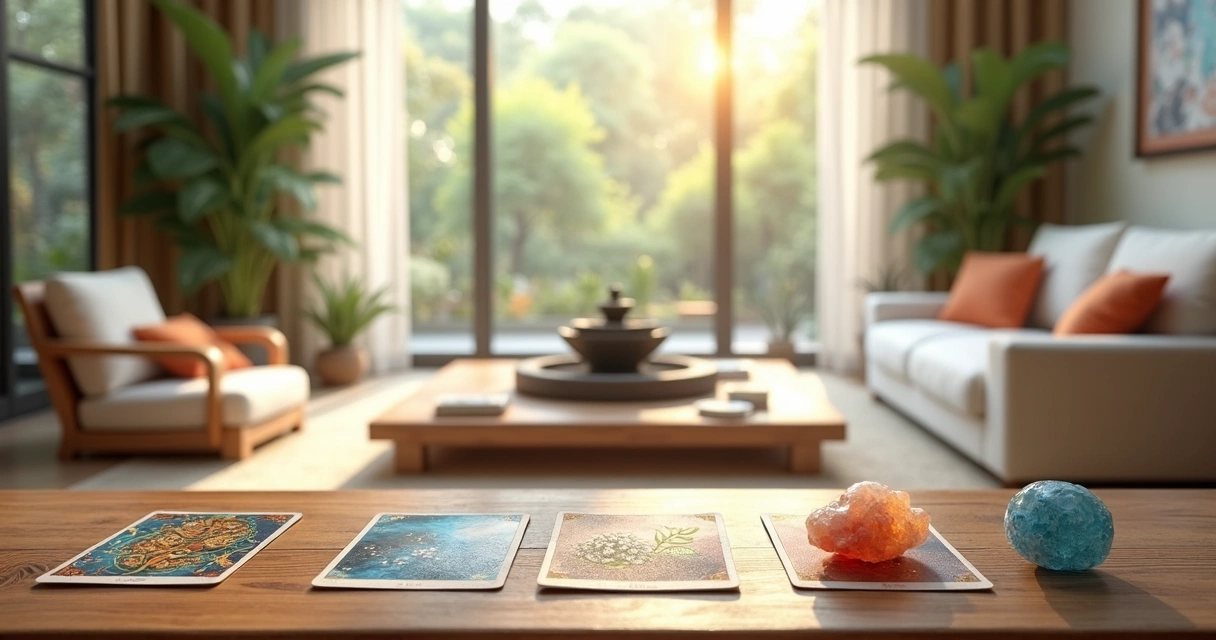 Sala de estar iluminada com elementos de feng shui, cartas de tarot dispostas sobre a mesa 