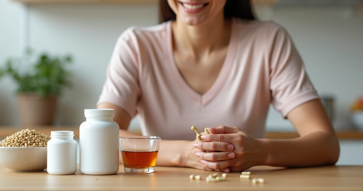 Mulher adulta segurando cápsulas de feno grego ao lado de sementes e chá em ambiente saudável 