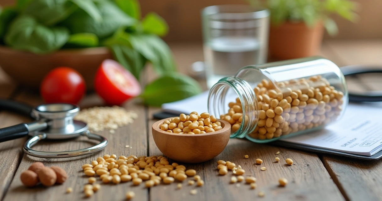 Sementes de feno grego e cápsulas sobre mesa rústica com alimentos saudáveis 