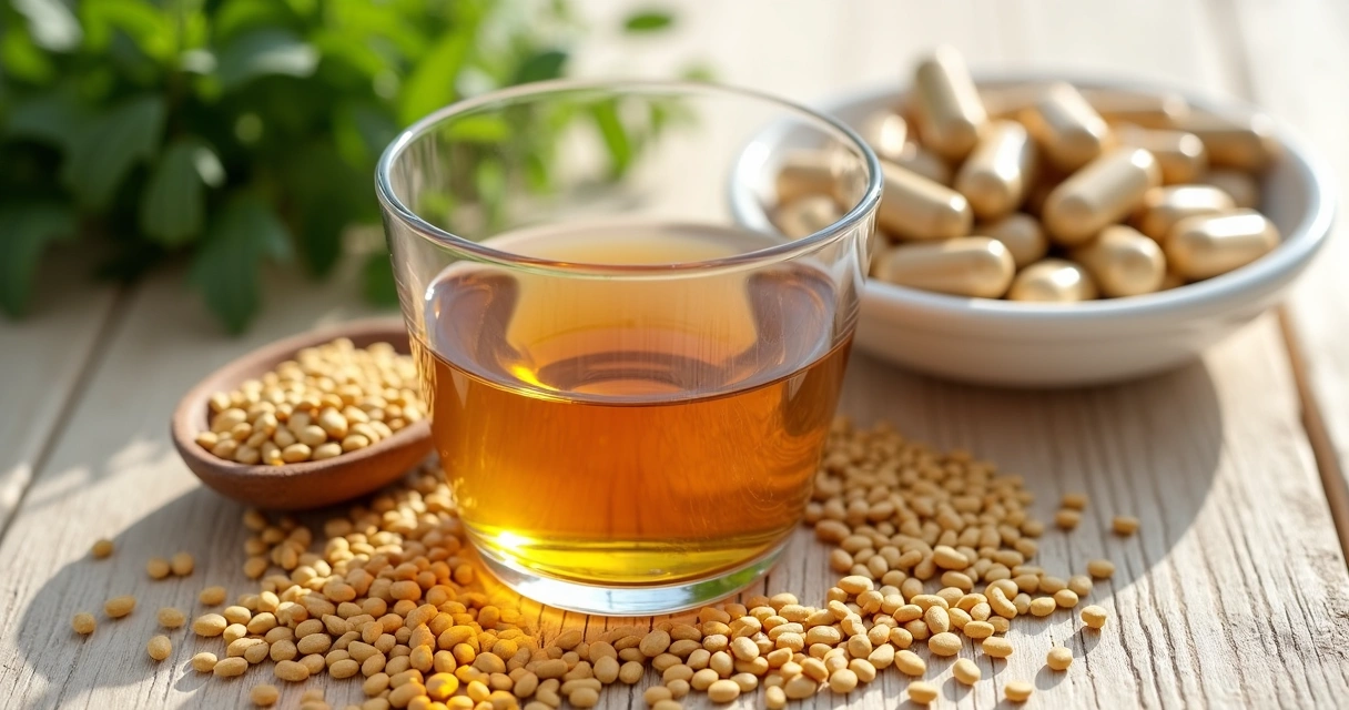 Sementes de feno grego com chá e cápsulas sobre mesa de madeira 