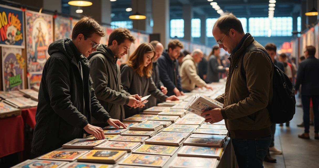 Personas revisando cómics en feria de segunda mano