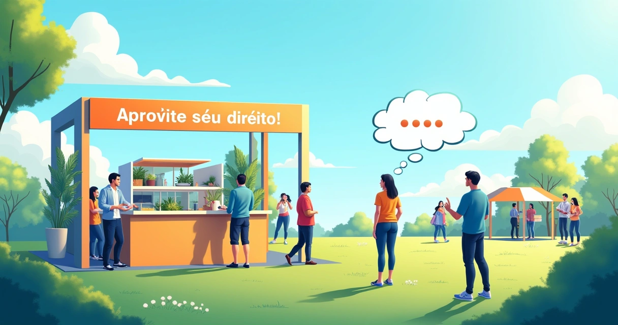 Feria imobiliária com pessoas considerando contratos em frente a um estande de apartamentos, céu claro e vibrante.