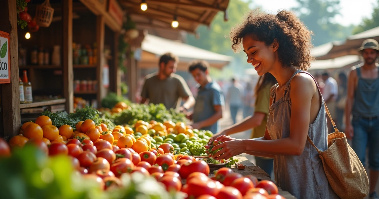Venta de productos locales y ecológicos en una feria, varias personas comprando frutas y verduras 