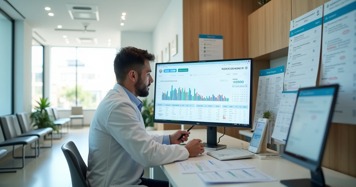 Dentista em clínica vazia analisando gráficos de faturamento em feriado 