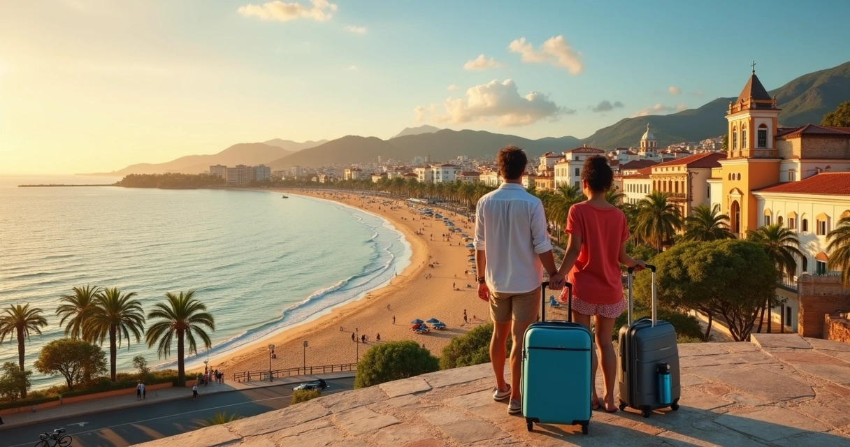 Casal observa cidade histórica litorânea brasileira ao pôr do sol com malas de viagem 