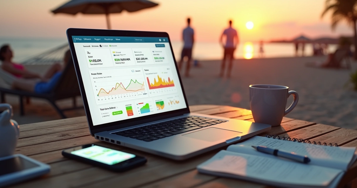 Laptop com loja virtual aberta em mesa de praia ao pôr do sol 