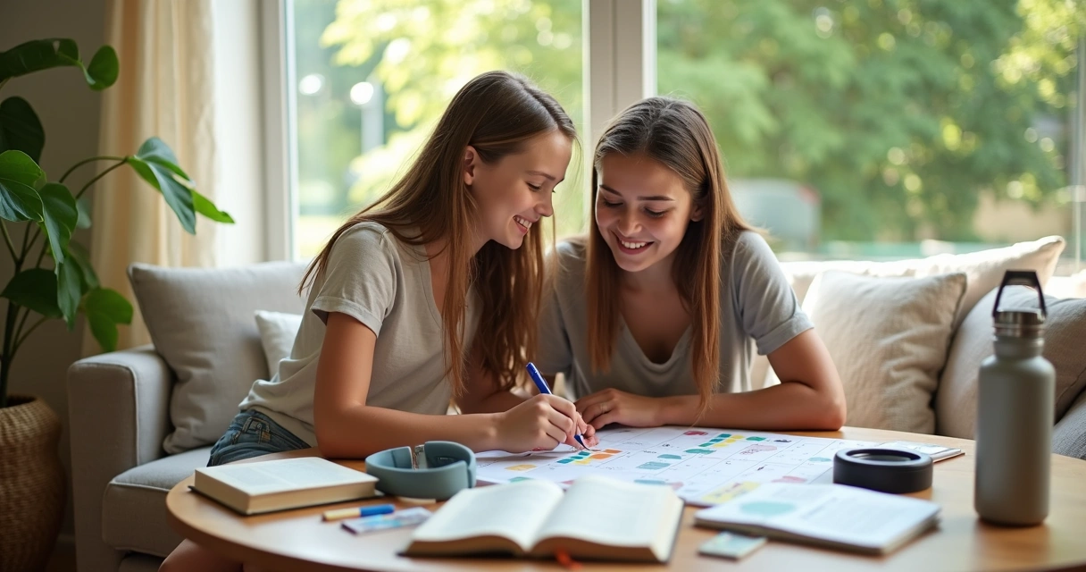 Adolescente planejando férias de verão com mãe ao redor de mesa com calendário e materiais diversos 