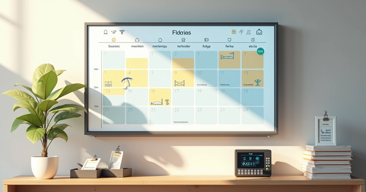 Quadro digital com calendário e cartões de férias organizados em ambiente de trabalho moderno 