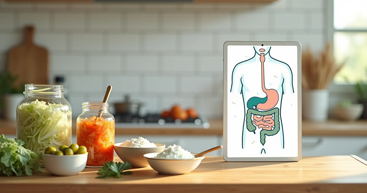 Mesa com alimentos fermentados naturais ao lado de ilustração discreta de intestino sensível 